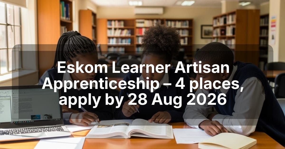 Eskom Learner Artisan Apprenticeship – 4 places, apply by 28 Aug 2026
